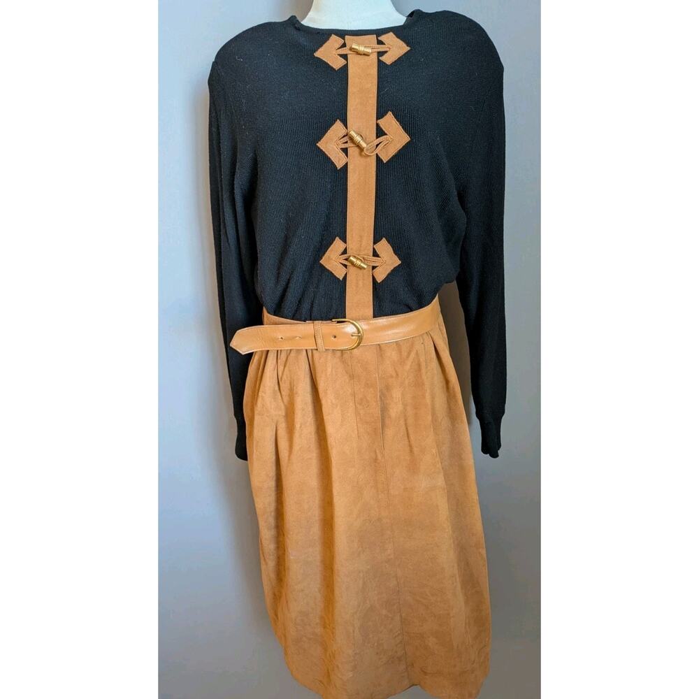 Vintage Ciao Ltd Black Knit Dress With Vegan Suede Skirt Belted 80s Western 14